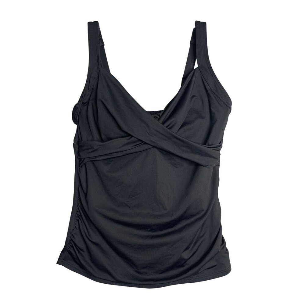 Lands End Tankini Top Black Womens 10 DD Underwire V Neck Wrap Twist Front